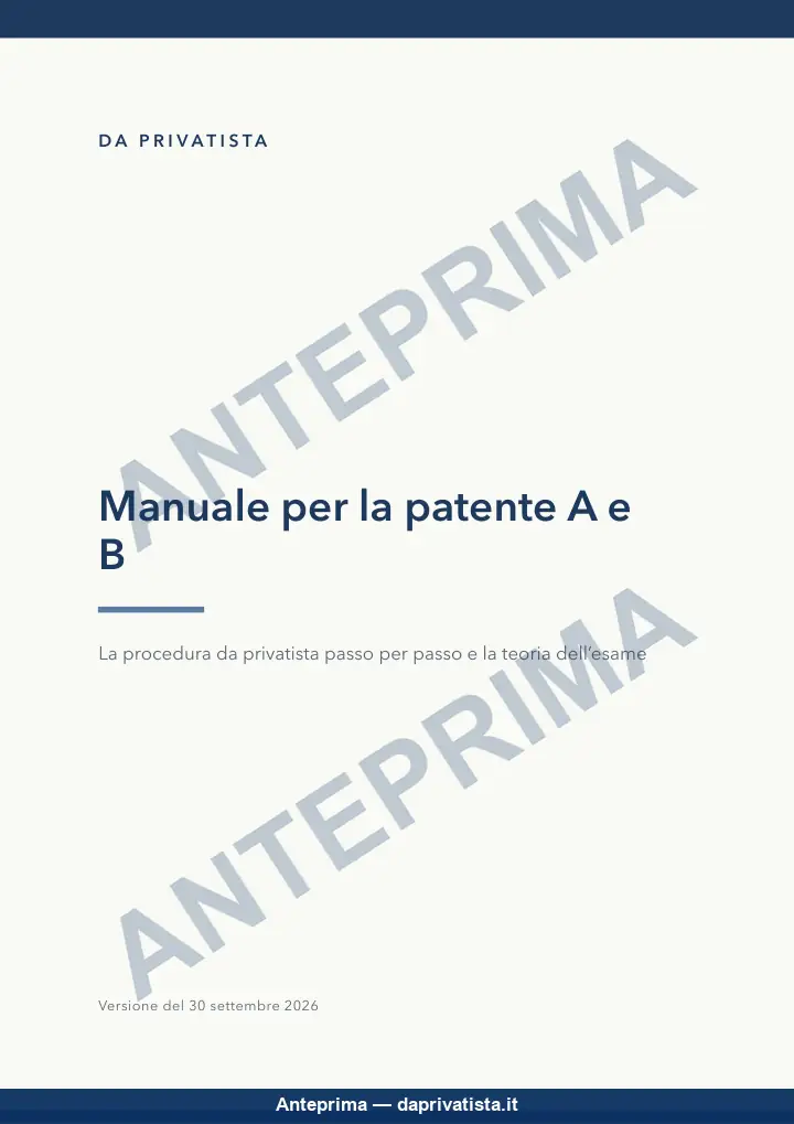 Copertina del Manuale per la patente A e B: «La procedura da privatista passo per passo e la teoria dell'esame», con la data della versione.