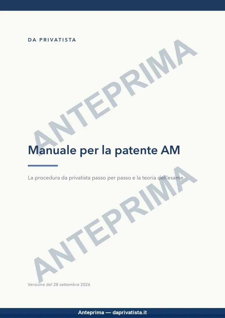 Copertina del Manuale per la patente AM: «La procedura da privatista passo per passo e la teoria dell'esame», con la data della versione.