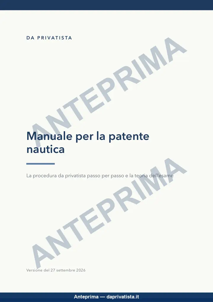 Copertina del Manuale per la patente nautica: «La procedura da privatista passo per passo e la teoria dell'esame», con la data della versione.