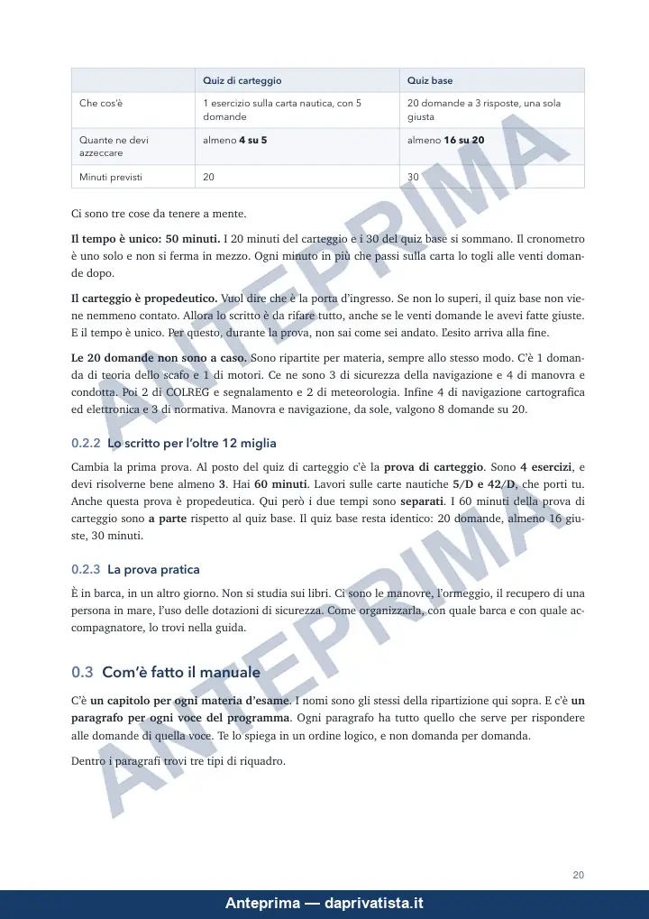 Pagina 20 del Manuale nautica, «Com'è fatto l'esame»: la tabella del quiz di carteggio e del quiz base entro 12 miglia, con tempi e soglie, il paragrafo 0.2.2 su cosa cambia nello scritto per l'oltre 12 e l'inizio del paragrafo 0.3 su com'è fatto il manuale.