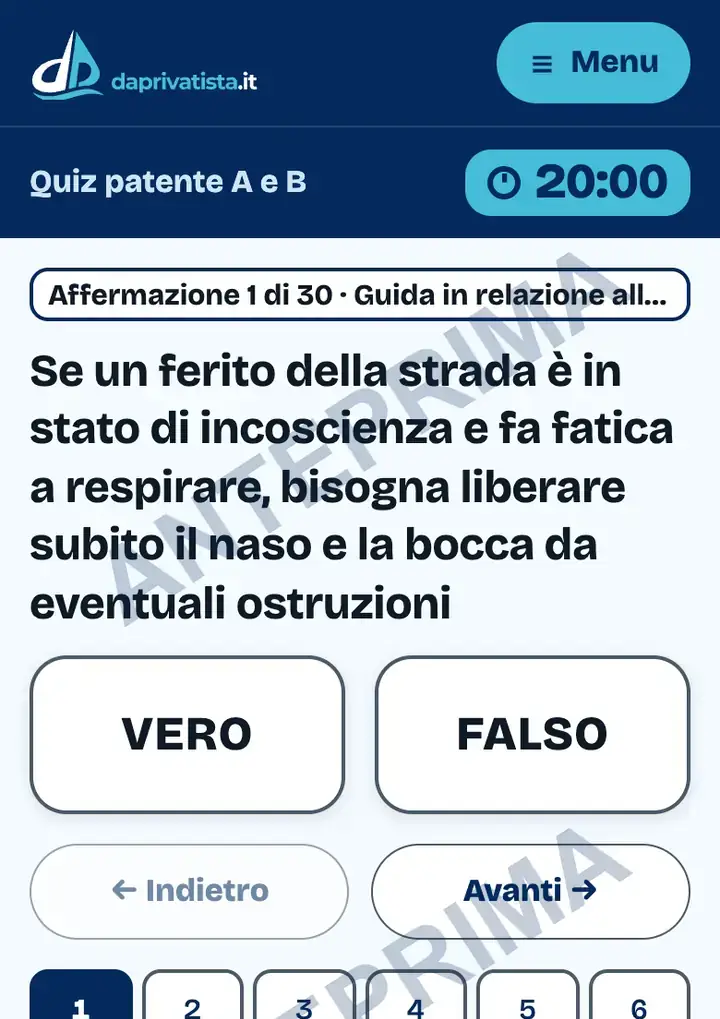 Schermata del Simulatore patente A e B sul telefono: la prima affermazione della simulazione d'esame, con i tasti Vero e Falso, il tempo di 20 minuti e i numeri delle 30 affermazioni.
