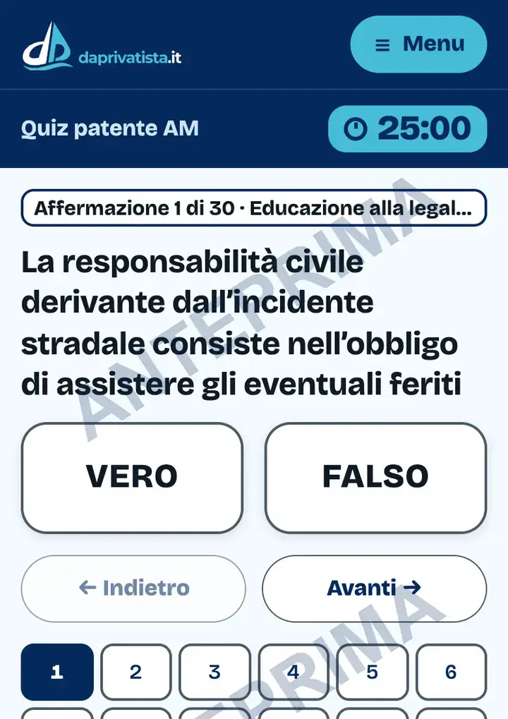Schermata del Simulatore patente AM sul telefono: la prima affermazione della simulazione d'esame, con i tasti Vero e Falso, il tempo di 25 minuti e i numeri delle 30 affermazioni.