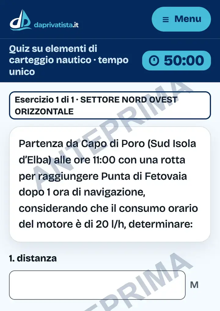 Schermata del Simulatore patente nautica entro 12 miglia sul telefono: il quiz su elementi di carteggio, con il testo dell'esercizio, le caselle per distanza, velocità e carburante e il tempo unico di 50 minuti.