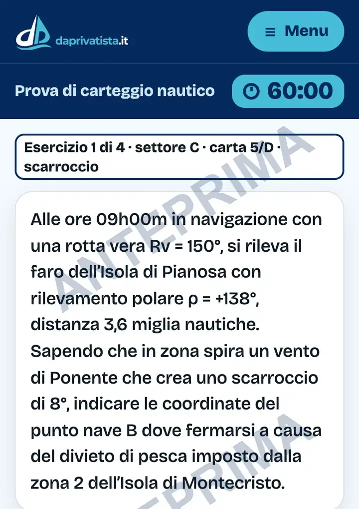 Schermata del Simulatore patente nautica oltre 12 miglia sul telefono: la prova di carteggio, con il testo del primo dei 4 esercizi e il tempo di 60 minuti.